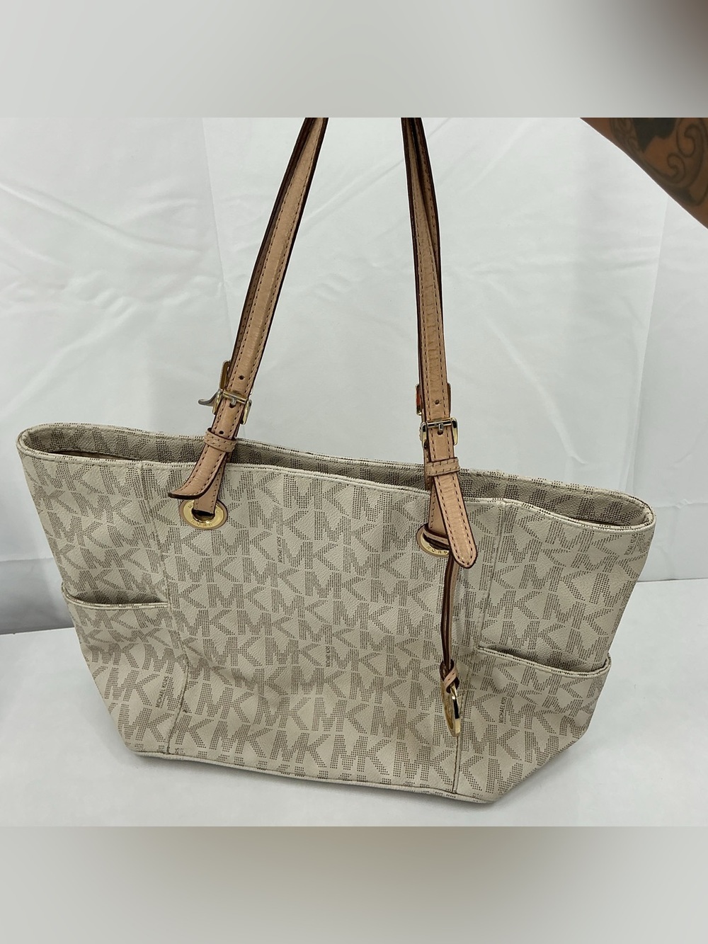 Michael Kors Beige Logo MK Tote with Tan Leather Straps D23